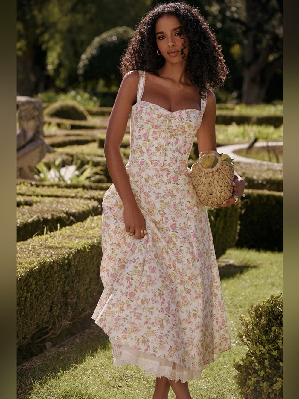 House of CB Rosalee Ivory Meadow Print Cotton Bustier Sundress XS